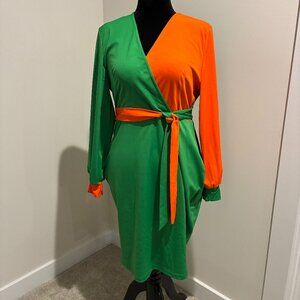 Orange and Green Color Block Figure Hugging Tie Belt Career Dress
